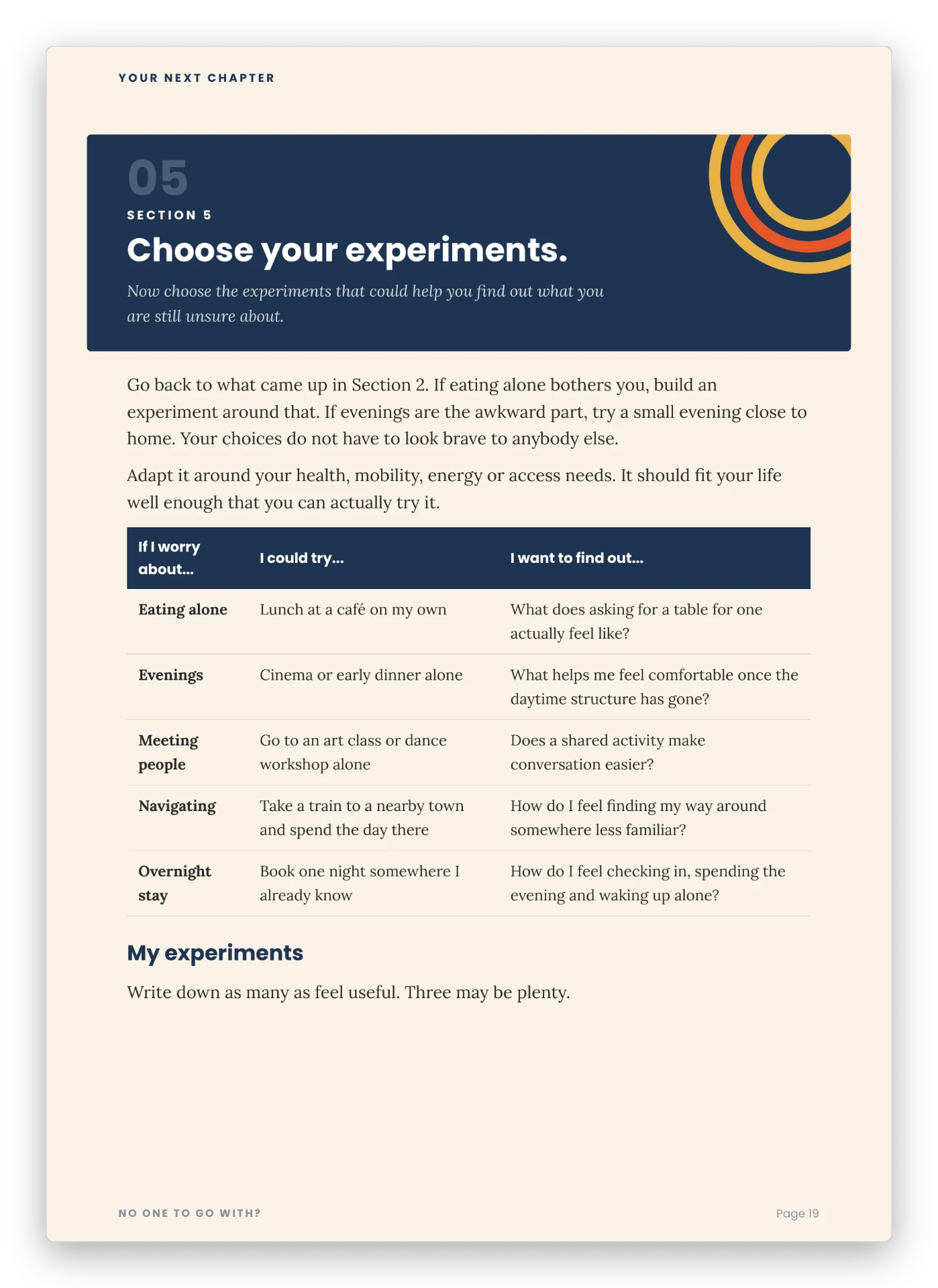 Interior workbook page headed Choose your experiments, with an example experiments table